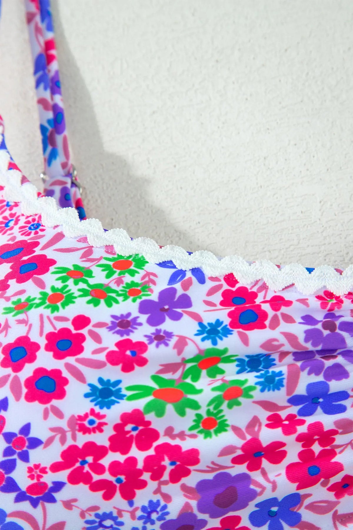 Purple Floral Print Lace Trim Spaghetti Strap Ruched Bikini High Waist Swimsuit