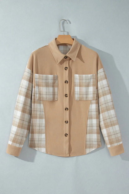 Light French Beige Plaid Colorblock Shirt Collar Shift Shacket