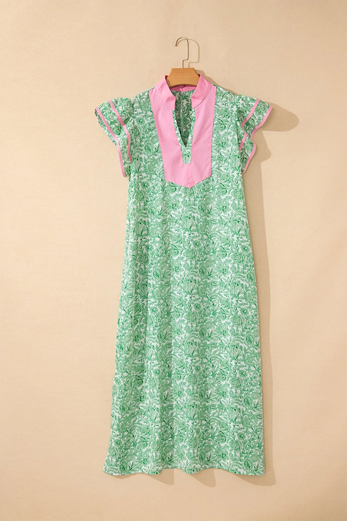 Pink Floral Print Color Block Patchwork V Neck Short Sleeve Midi Dress Nataliz