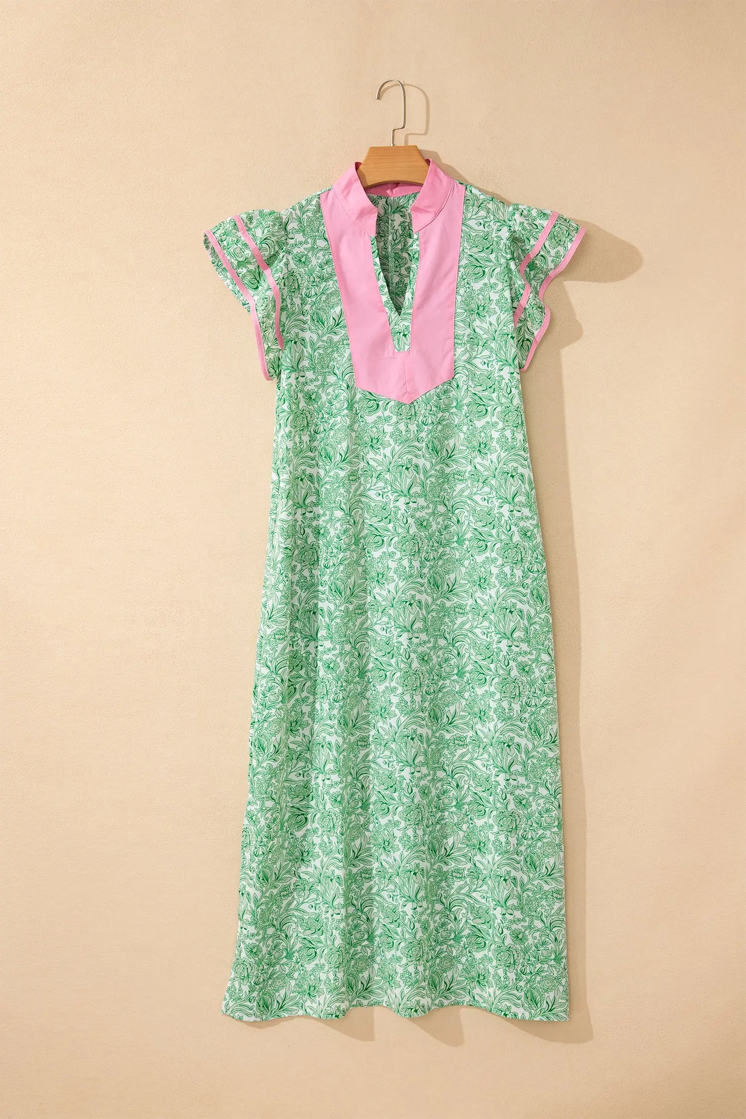 Pink Floral Print Color Block Patchwork V Neck Short Sleeve Midi Dress Nataliz