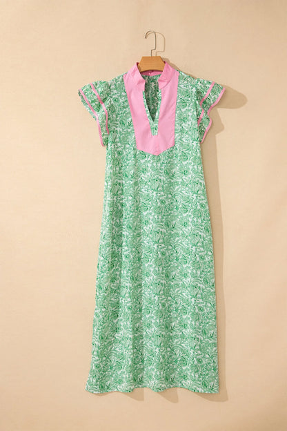 Pink Floral Print Color Block Patchwork V Neck Short Sleeve Midi Dress Nataliz