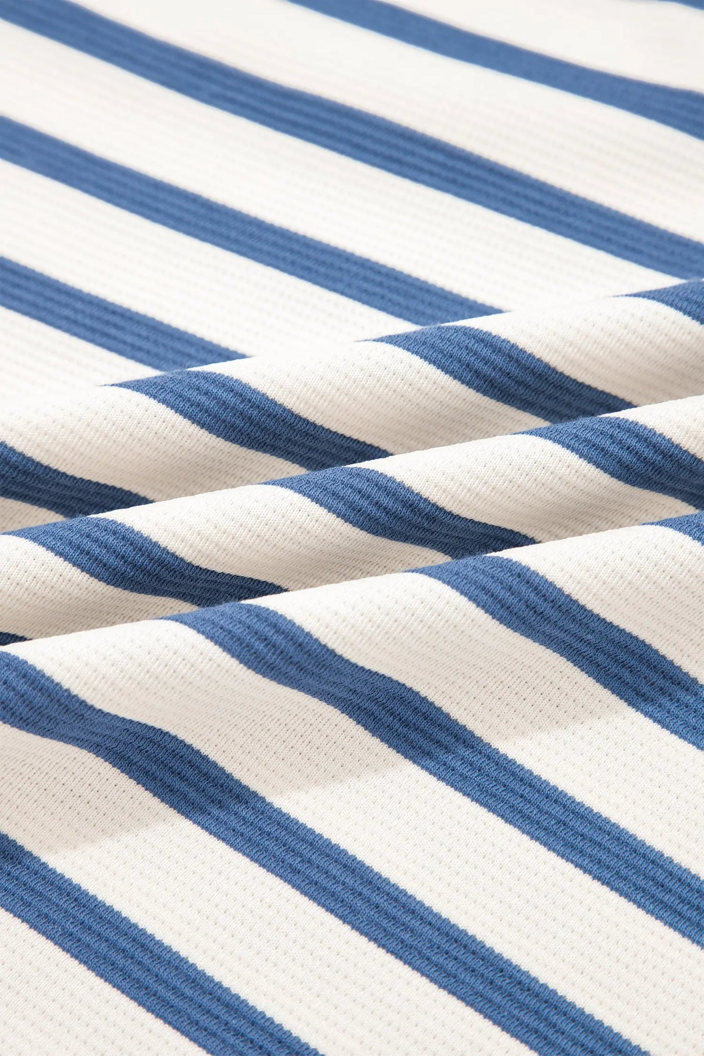 Blue Stripe Short Puff Sleeve Color Block Polo Collar Blouse Nataliz