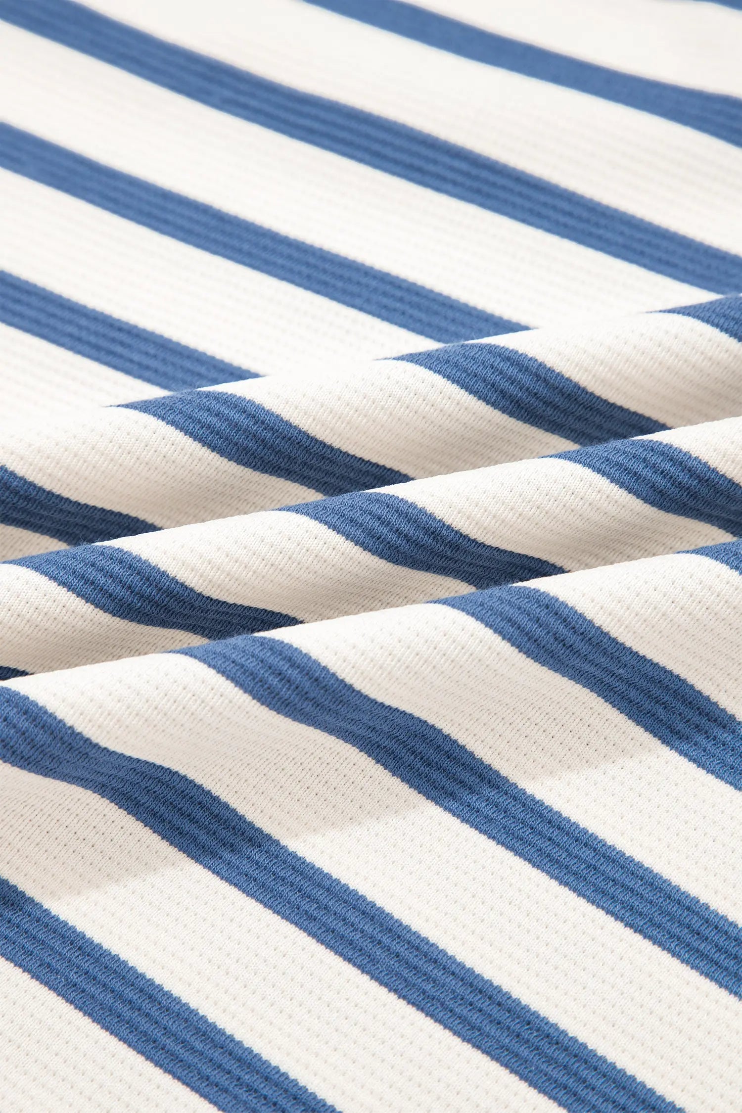Blue Stripe Short Puff Sleeve Color Block Polo Collar Blouse Nataliz