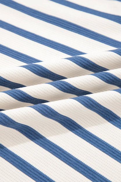 Blue Stripe Short Puff Sleeve Color Block Polo Collar Blouse Nataliz