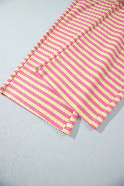 Yellow Stripe Colorblock Trim Crew Neck Loose Tee Drawstring Elastic Waist 2pcs Pant Set