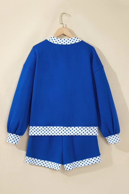 Dark Blue Polka Dot Trim Baggy Pullover 2pcs Short Set