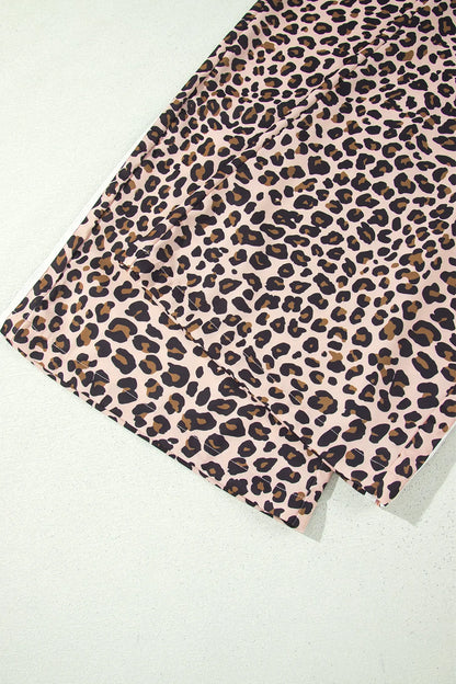 Beige Leopard Print Side Striped Detail Casual Wide Leg Pants
