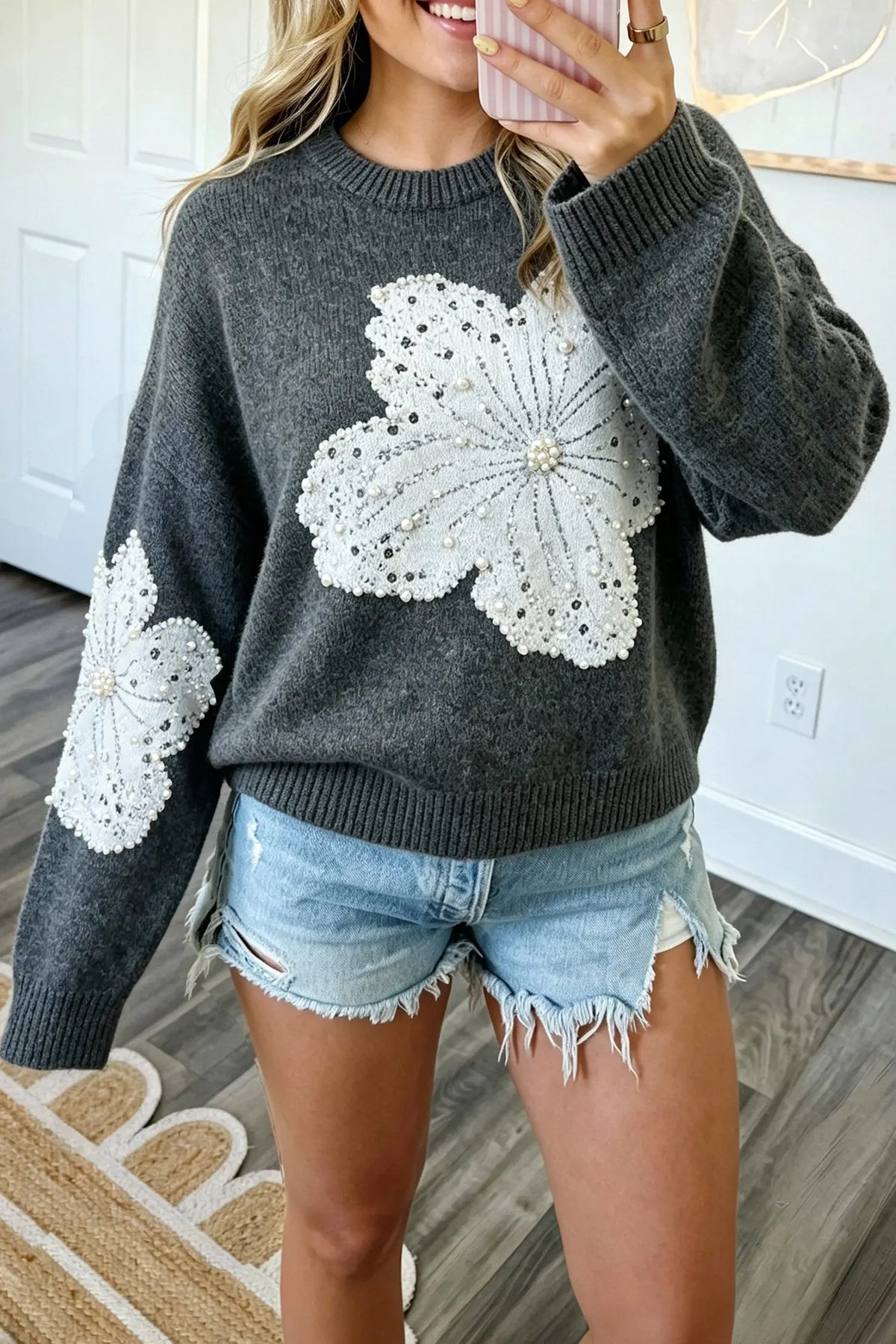 Dark Grey Beaded Floral Accent Casual Round Neck Sweater model front view · nz-alt-v1