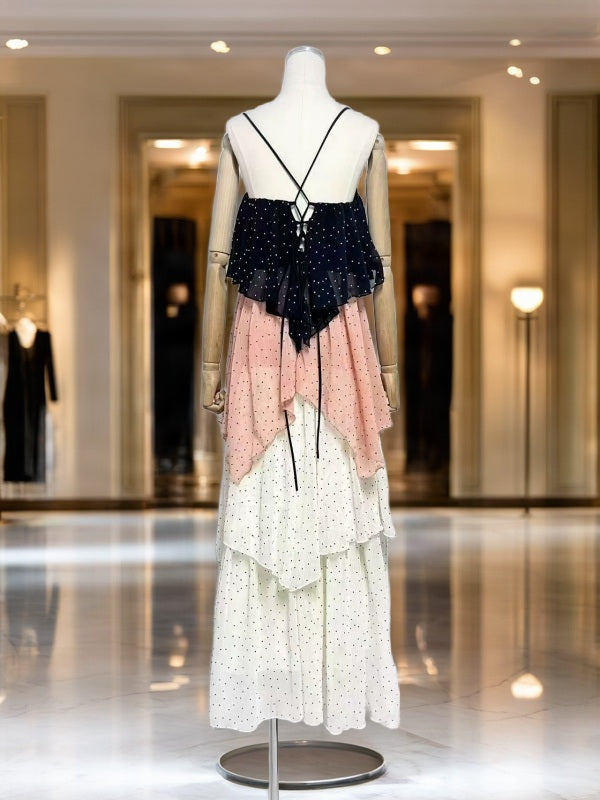 Tiered Polka Dot Maxi Dress in Black, Blush & Cream mannequin view · nz-bg-v1