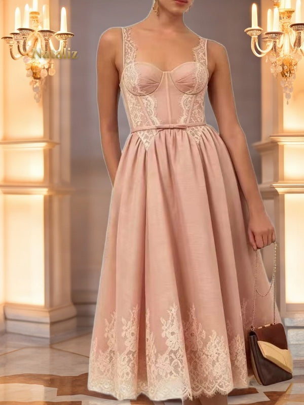 Lace Trim Corset Midi Dress with Full Skirt model front view