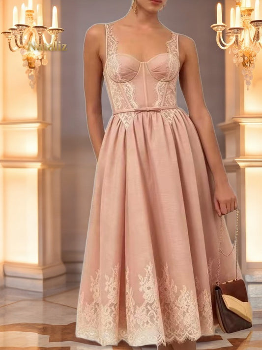 Scalloped Trim Corset Midi Dress with Full Skirt model front view