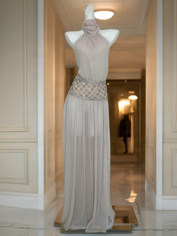 Beaded Waist High-Neck Halter Maxi Dress in Taupe mannequin view · nz-bg-v1