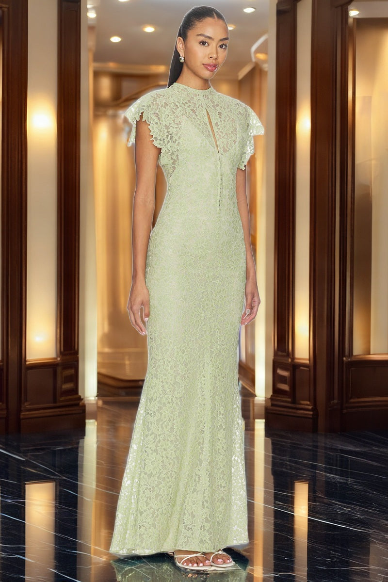 Floral Lace Flutter Sleeve Maxi Gown in Sage side view · nz-bg-v1