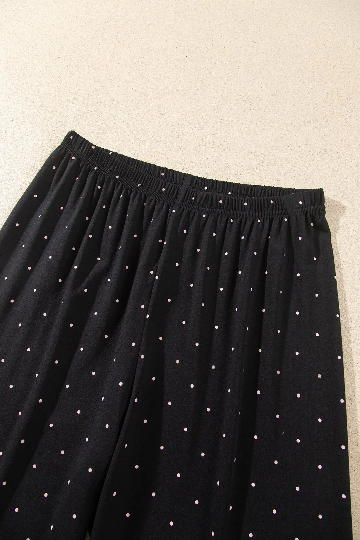 Black Polka Dot Long Sleeve Shirt Lace Detail Two Piece Pajama Pant Set