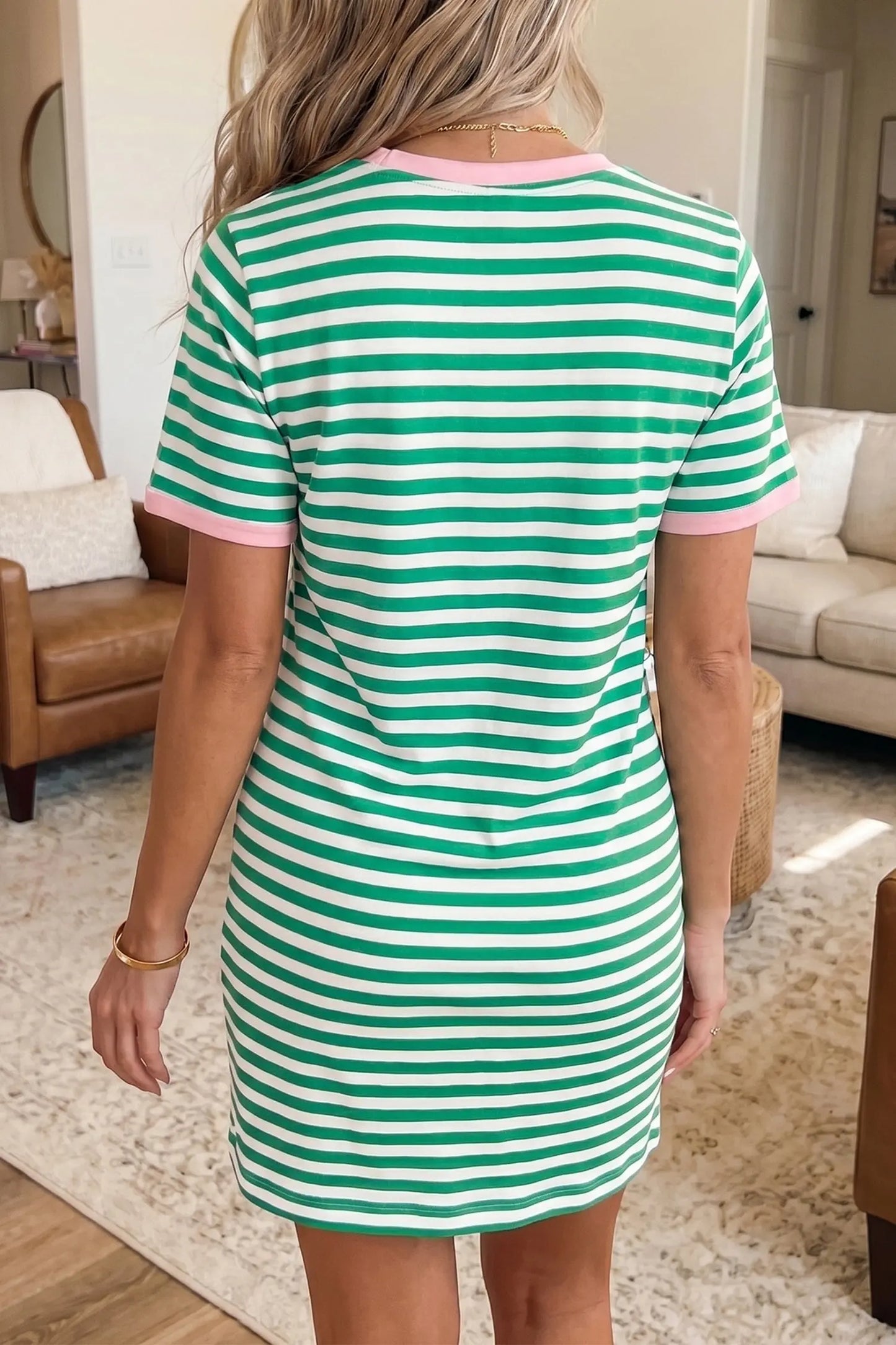 Sky Blue Stripe Nautical Tie Contrast Trim Round Neck T Shirt Mini Dress Nataliz