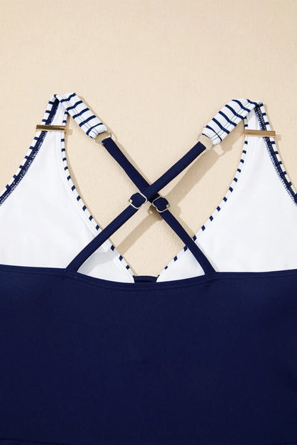 Blue Stripe Patchwork Crossed Straps One Piece Swim Dress