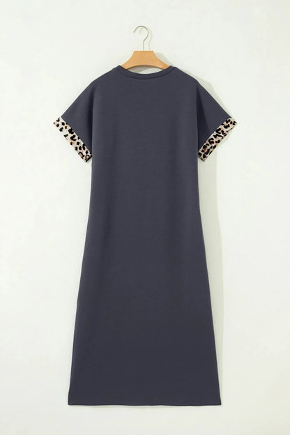 White Contrast Leopard Bow Patched Short Sleeve T Shirt Long Dress - Casual Dresses