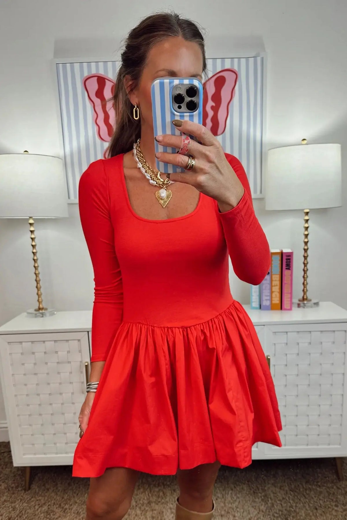 Fiery Red U Neck Long Sleeve Fit and Flare Short Dress model front view · nz-alt-v1