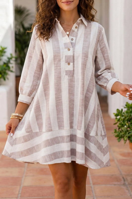 Khaki Stripe Button-Up Three-Quarter Sleeve Shift Dress model front view · nz-alt-v1