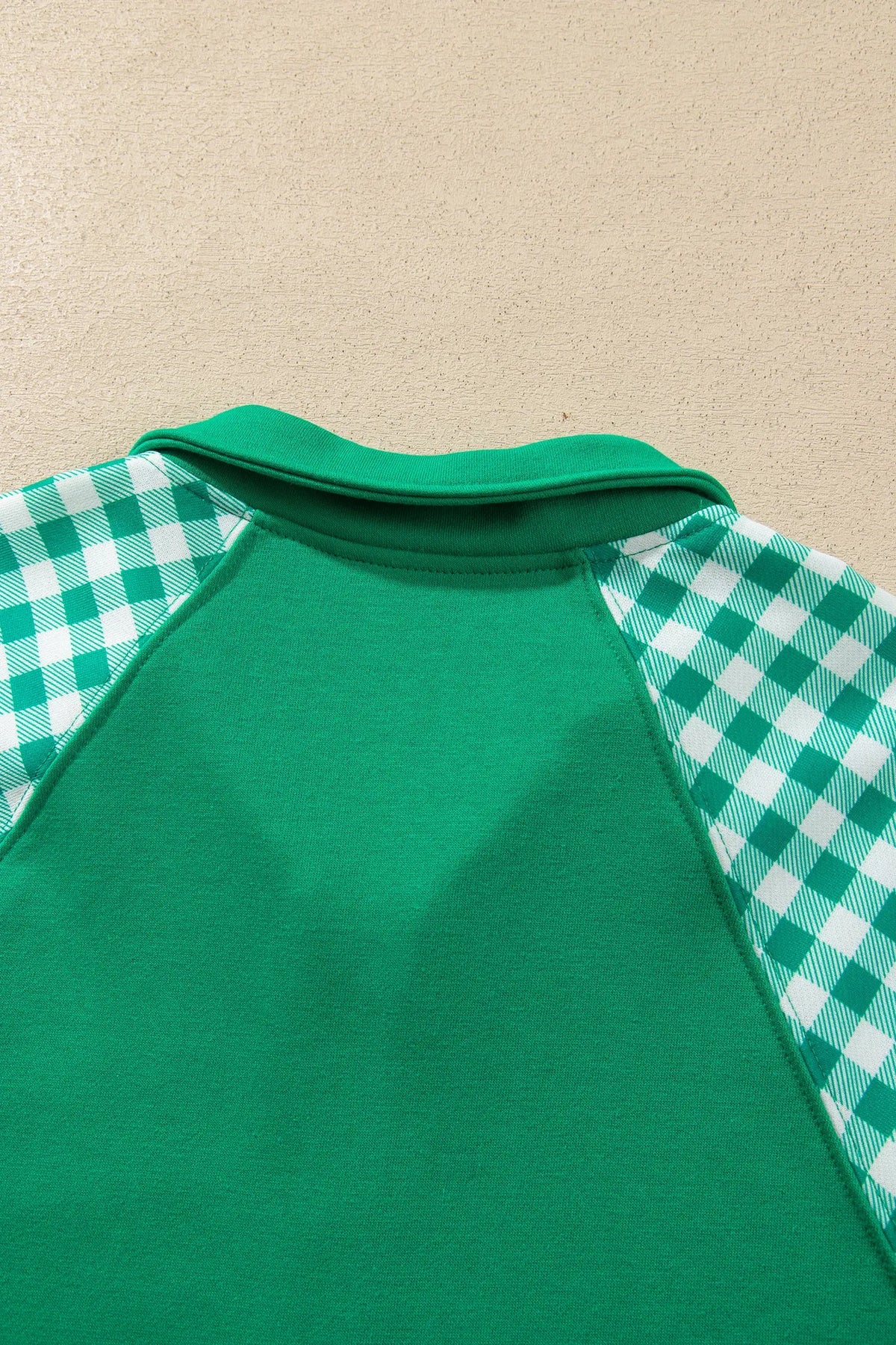 Bright Green Plaid Patchwork Half Zip Pullover Drawstring Short Set