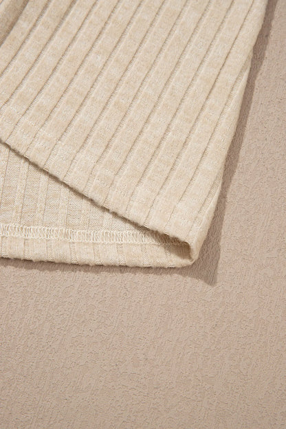 Apricot Solid Color Ribbed Knit Cowl Neck Long Sleeve Top