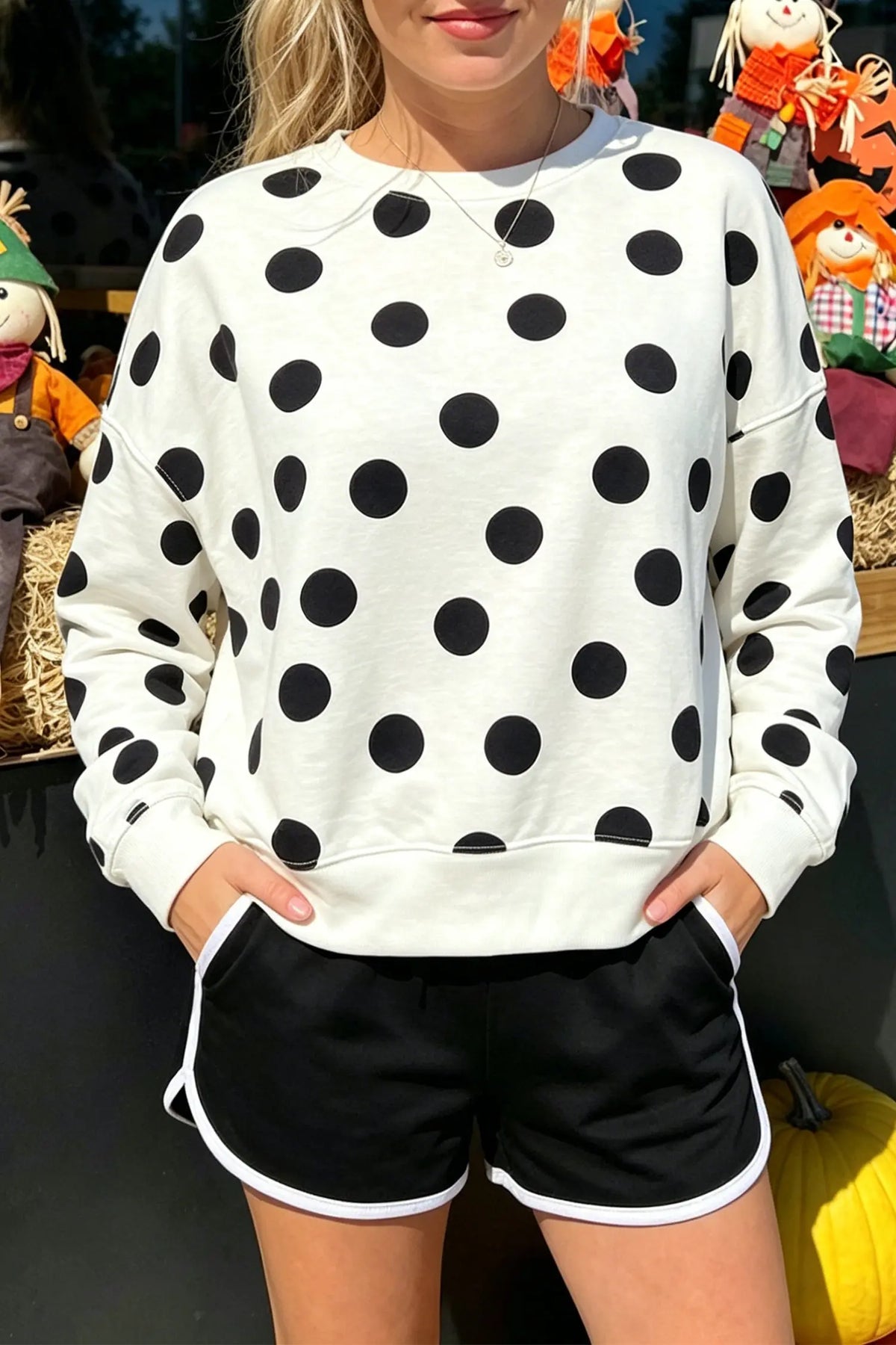 Casual Polka Dot Round Neck Pullover Sweatshirt