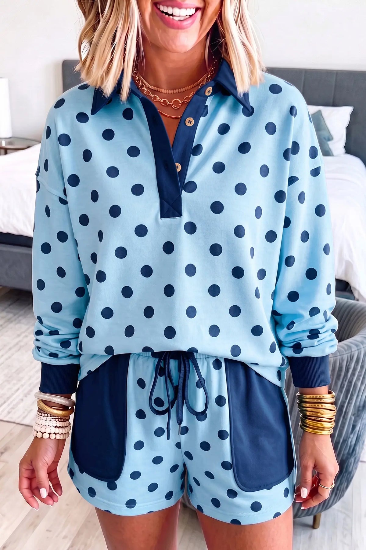 Polka dot drop shoulder polo pullover patch pocket shorts set sky blue model front view · nz-alt-v1