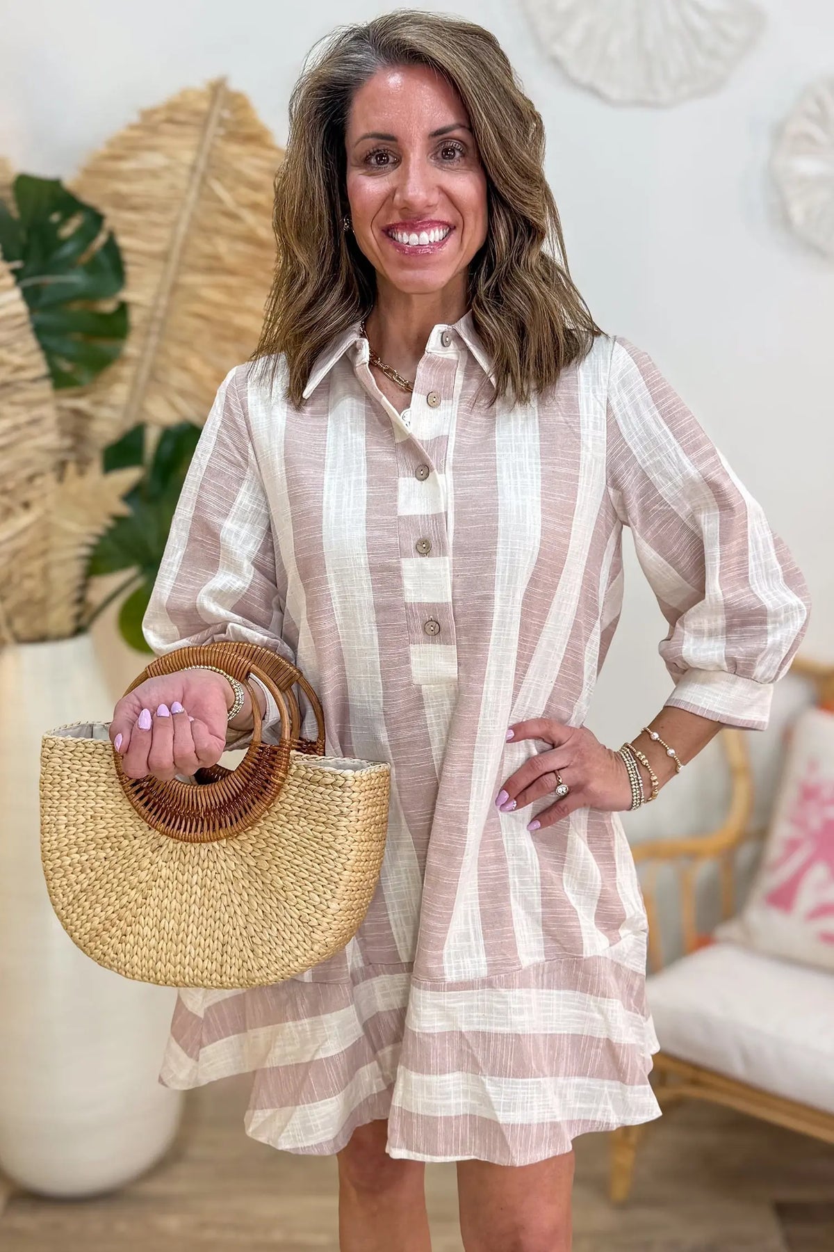 Khaki Stripe Button-Up Three-Quarter Sleeve Shift Dress model front view · nz-alt-v1
