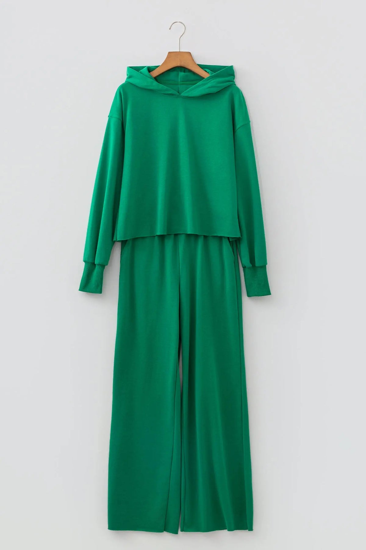 Bright Green Solid Color Hooded Long Sleeve Elastic Waist Pocket Pant Set