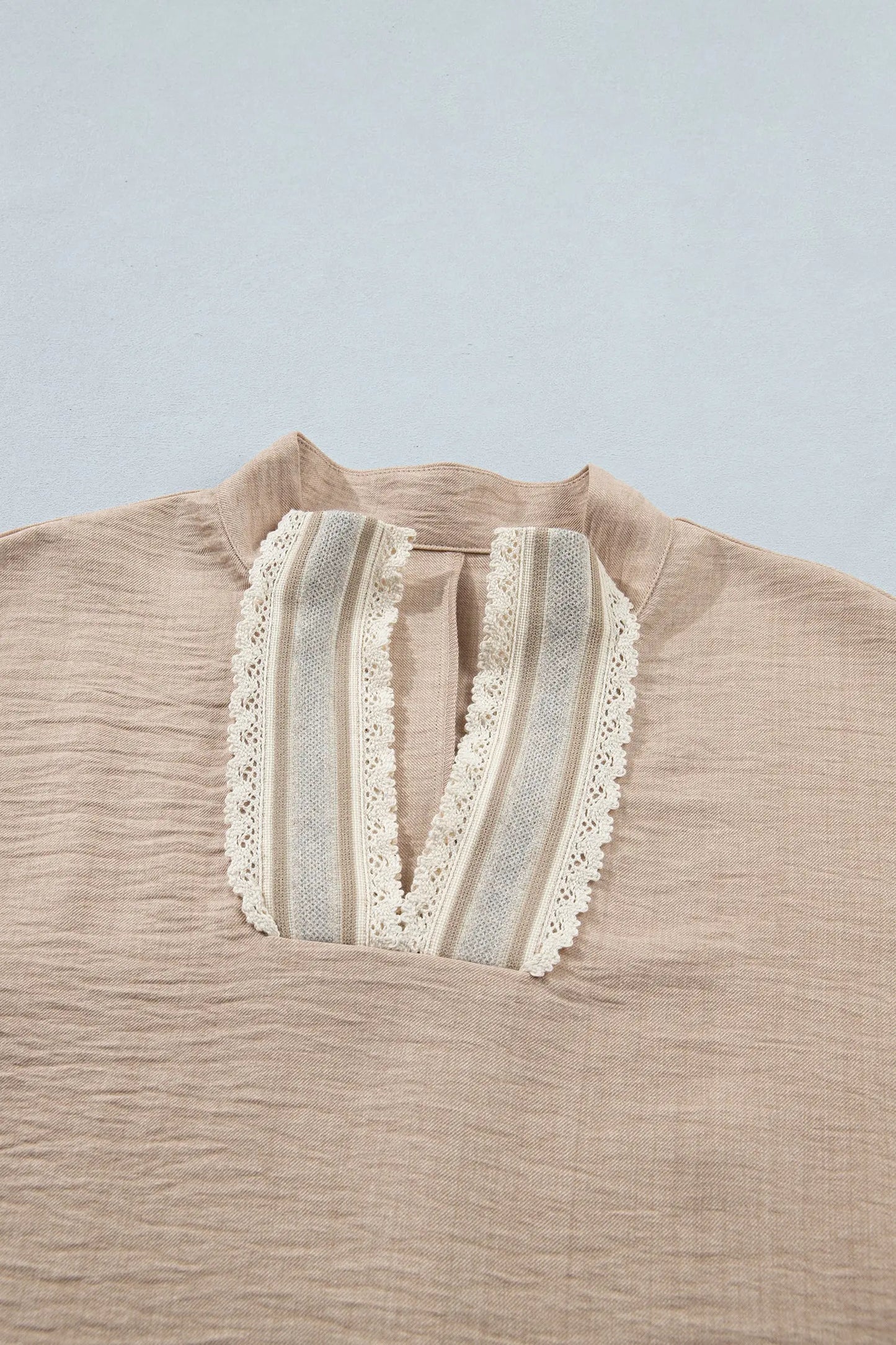 Parchment Crochet Lace Accent Pullover Rolled Short Sleeve Blouse Nataliz