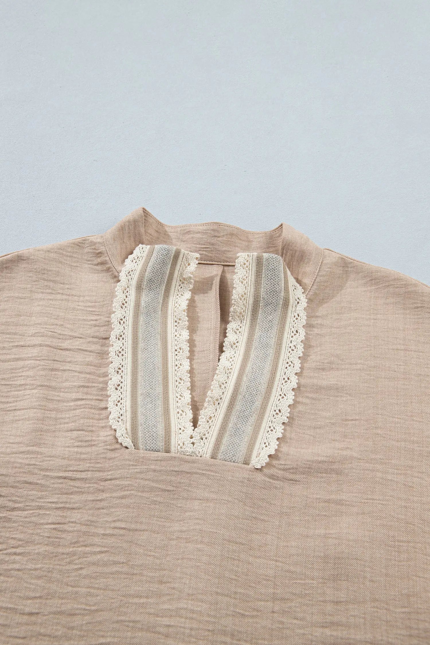 Parchment Crochet Lace Accent Pullover Rolled Short Sleeve Blouse Nataliz
