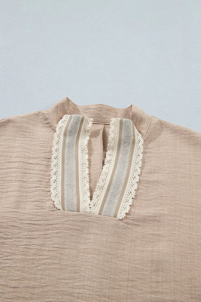 Parchment Crochet Lace Accent Pullover Rolled Short Sleeve Blouse Nataliz