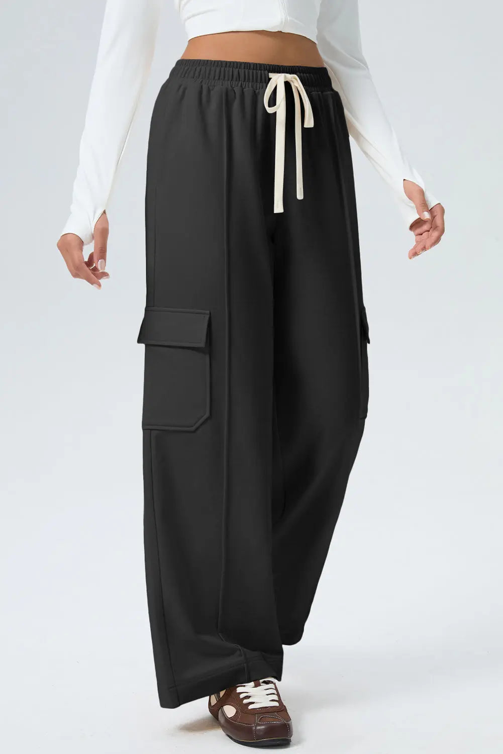 Black Solid Color Drawstring Elastic Waist Cargo Patch Pocket Active Pants