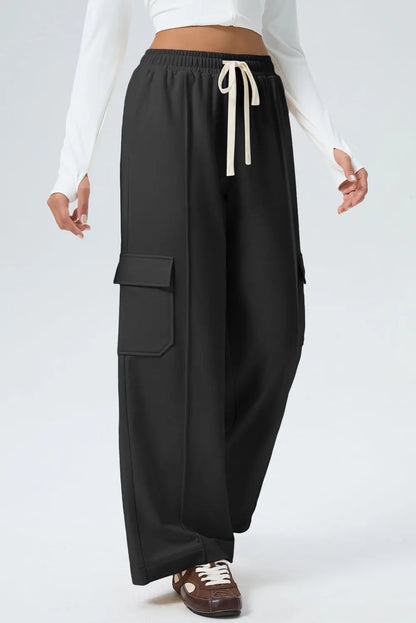 Black Solid Color Drawstring Elastic Waist Cargo Patch Pocket Active Pants