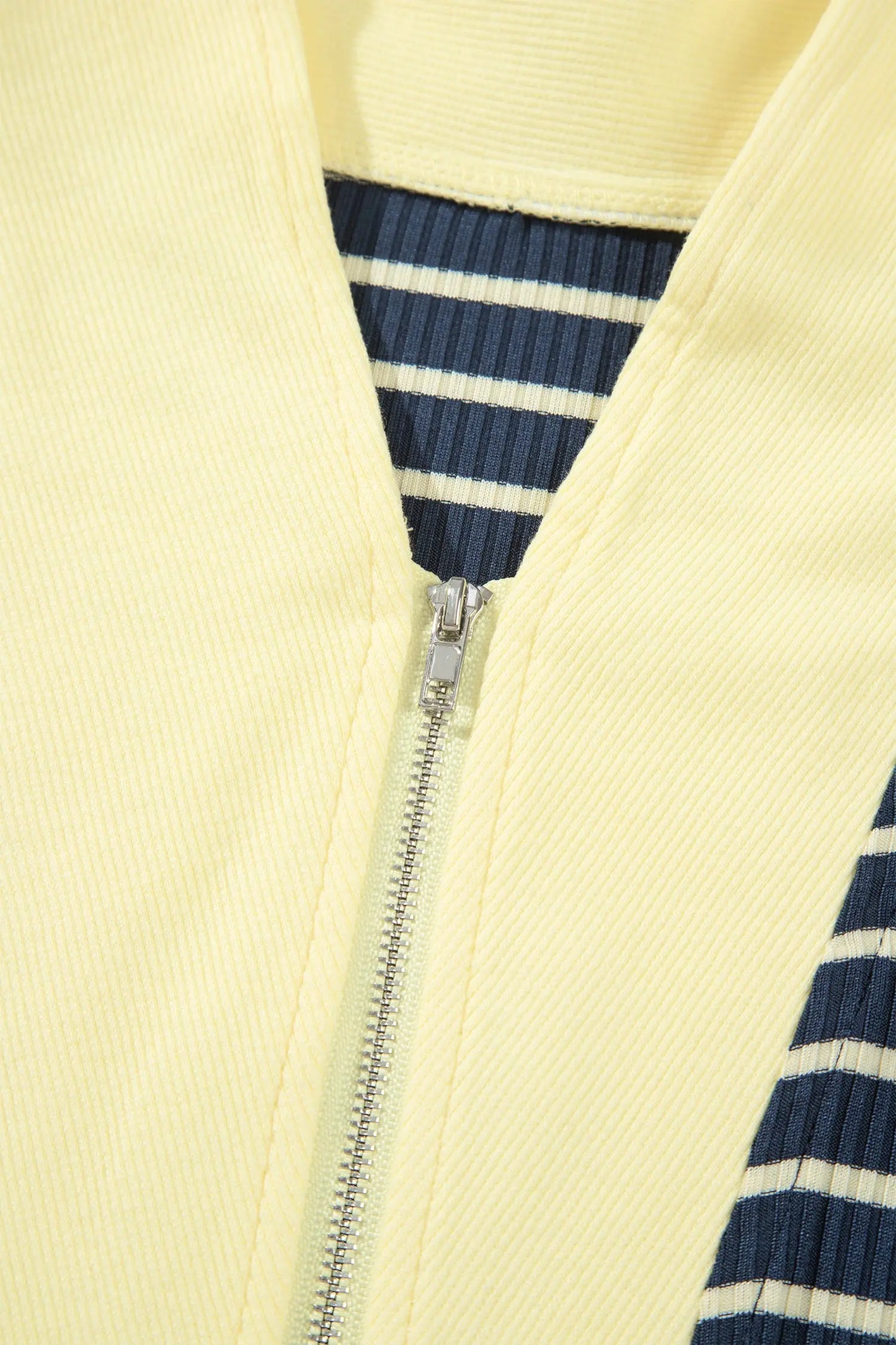 Blue Stripe Color Block Patchwork Zip V Neck Pullover Loose Pants 2pcs Set