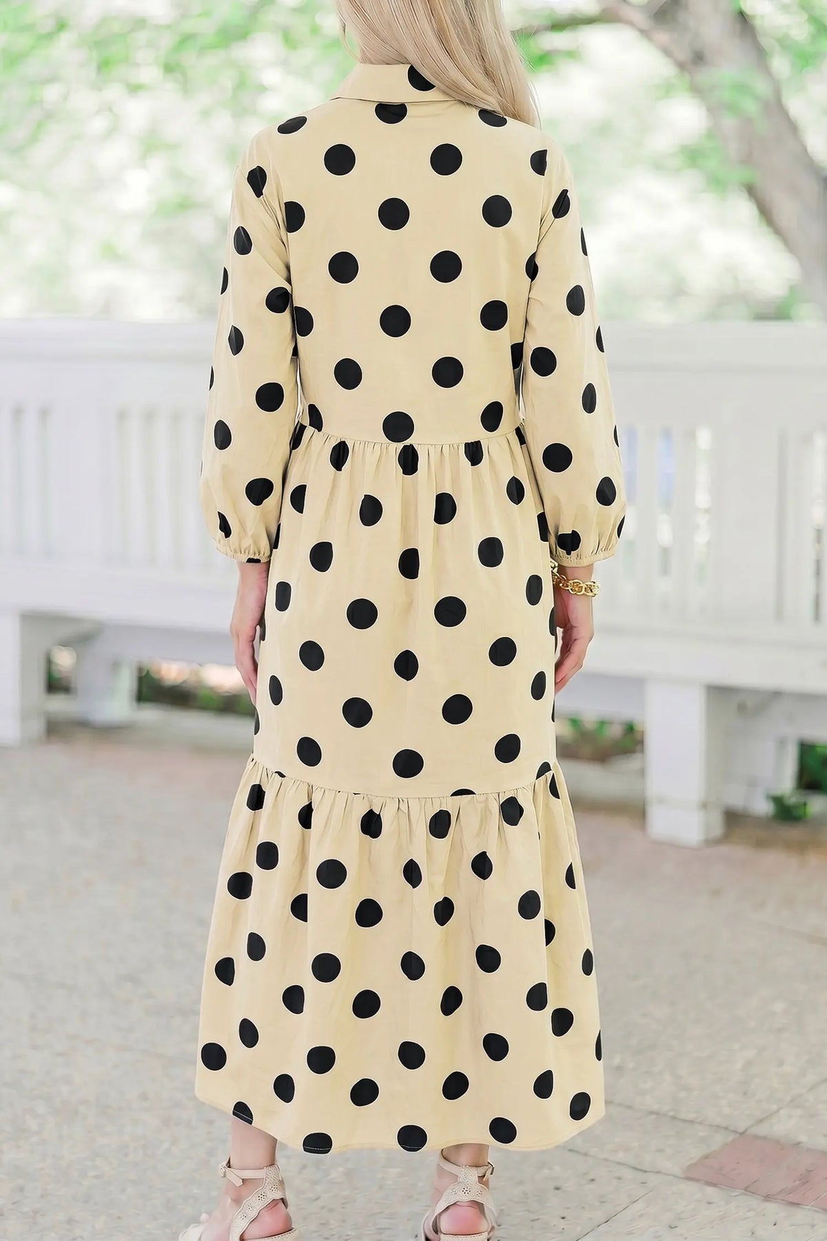 Apricot Polka Dot Button Front Long Sleeve Shift Dress model back view · nz-alt-v1