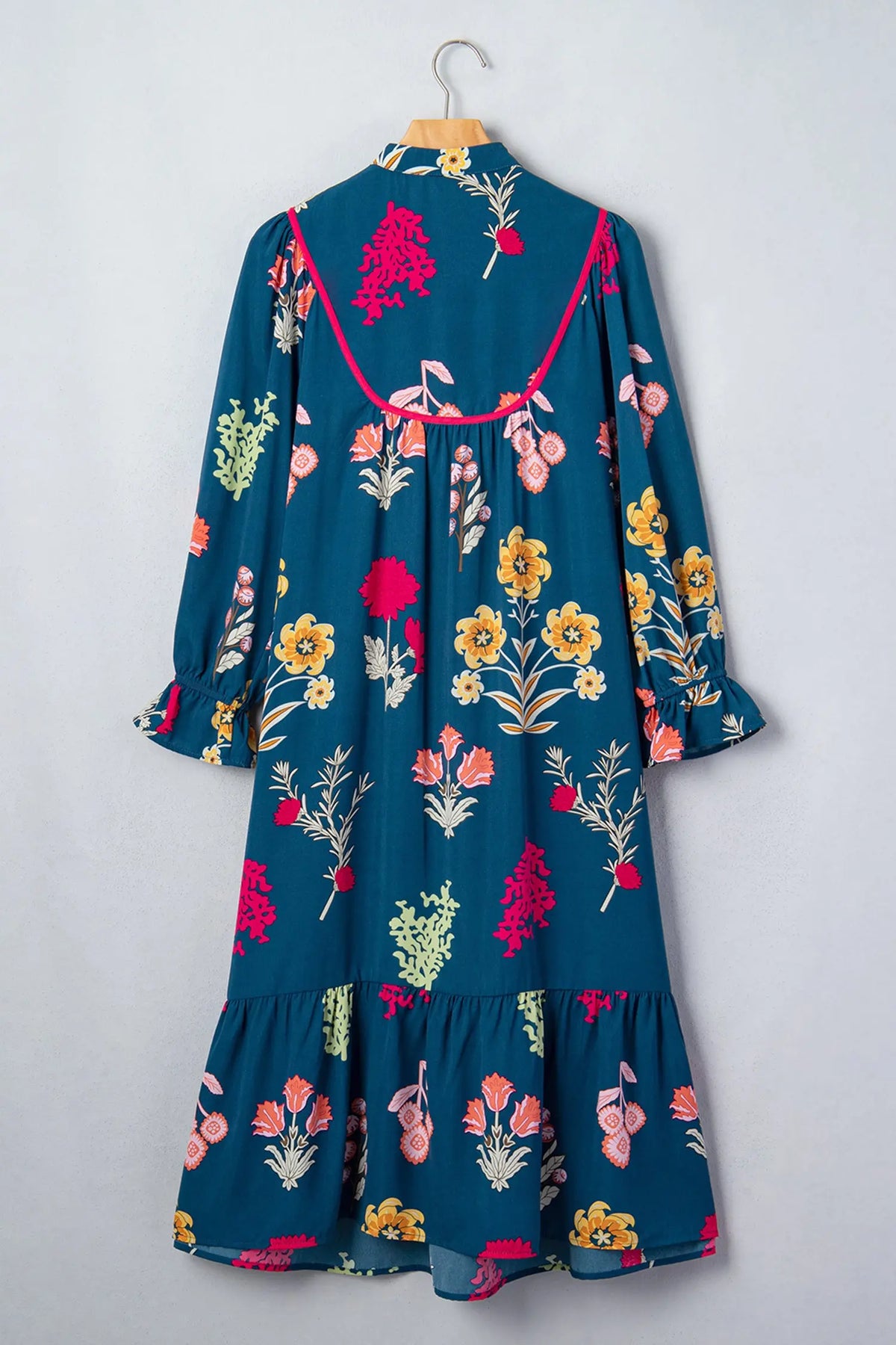 Blue Floral Print Gathered Neckline 7/8 Sleeve Casual Midi Dress back hanging view · nz-alt-v1