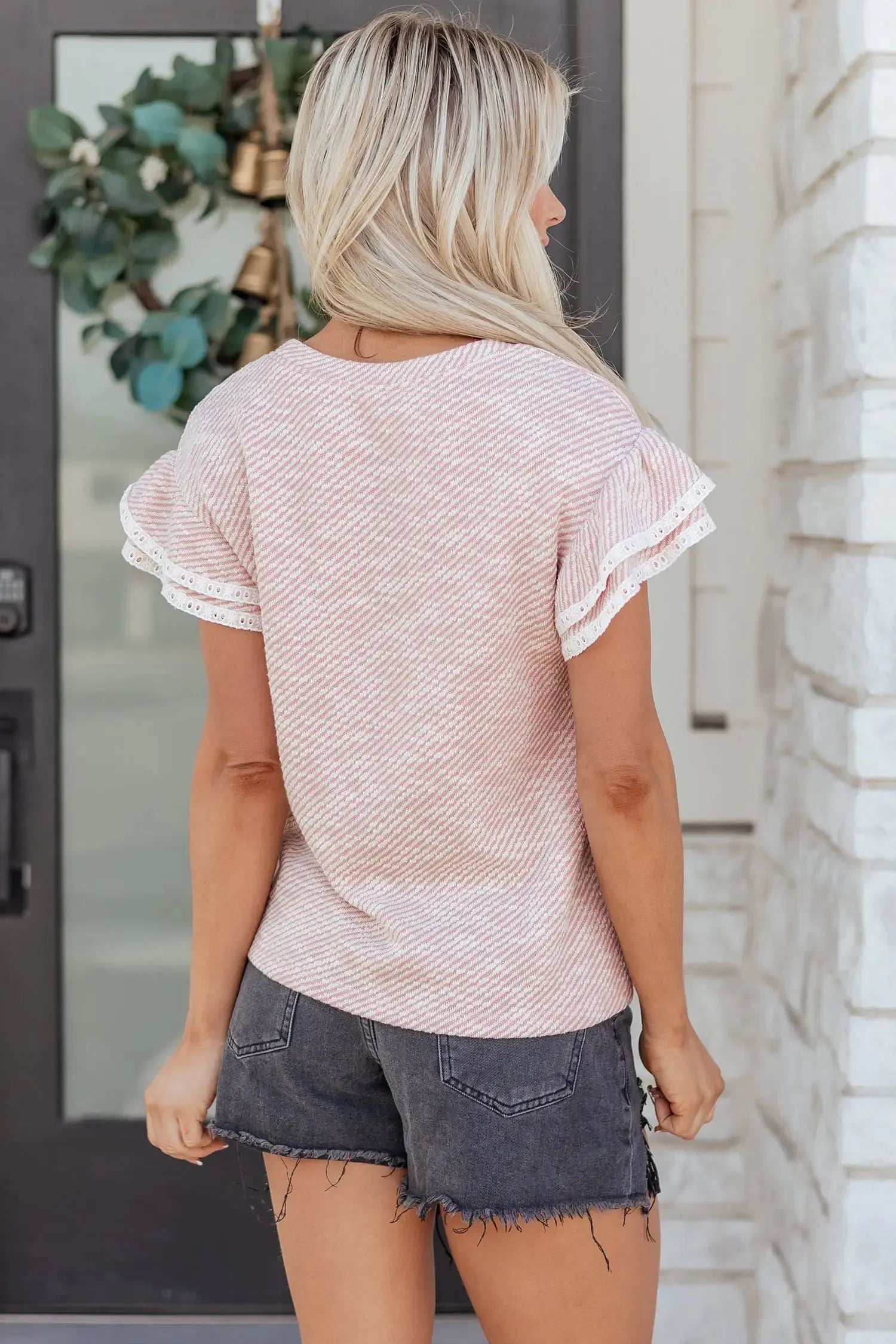 Clearly Aqua Twilled Print Lace Trim Ruffled Short Sleeve Blouse Nataliz