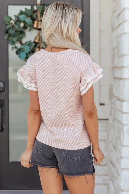 Clearly Aqua Twilled Print Lace Trim Ruffled Short Sleeve Blouse Nataliz