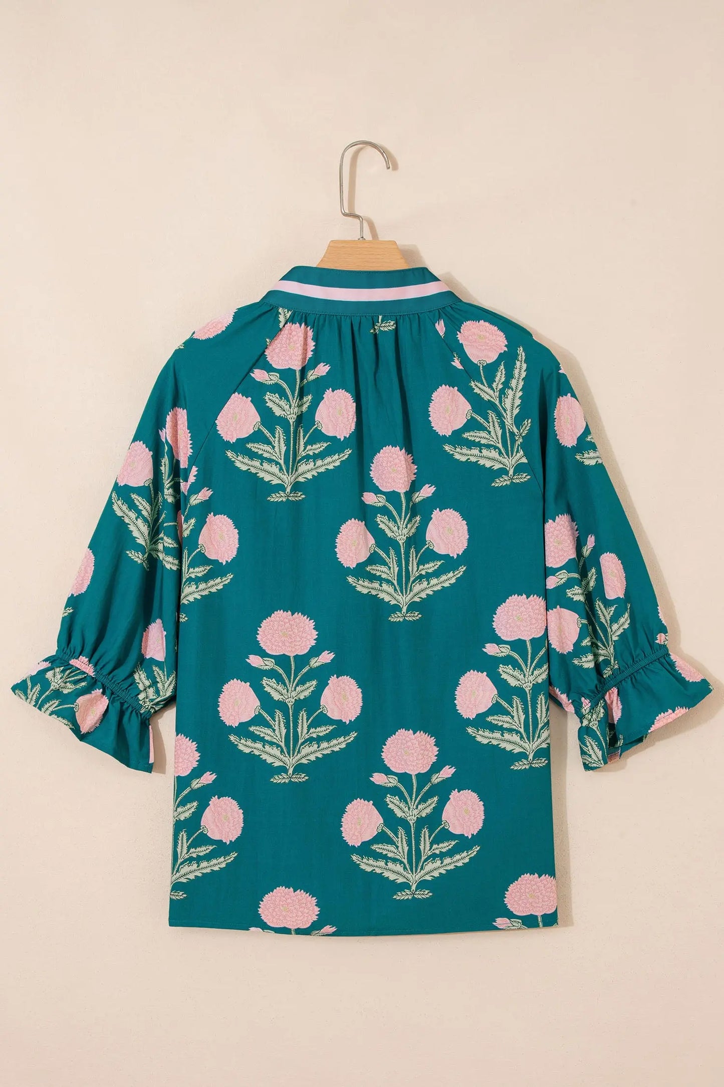Sky Blue Casual Wild Flower Print V Neck 3/4 Sleeve Blouse Nataliz
