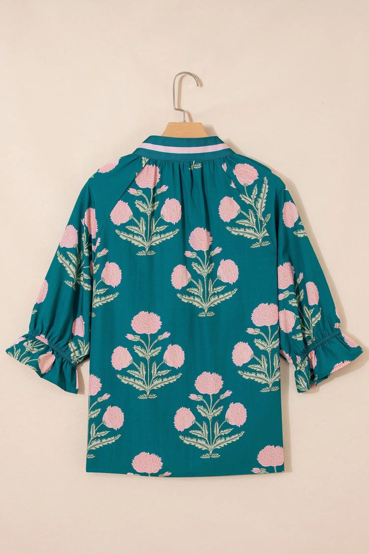 Sky Blue Casual Wild Flower Print V Neck 3/4 Sleeve Blouse Nataliz