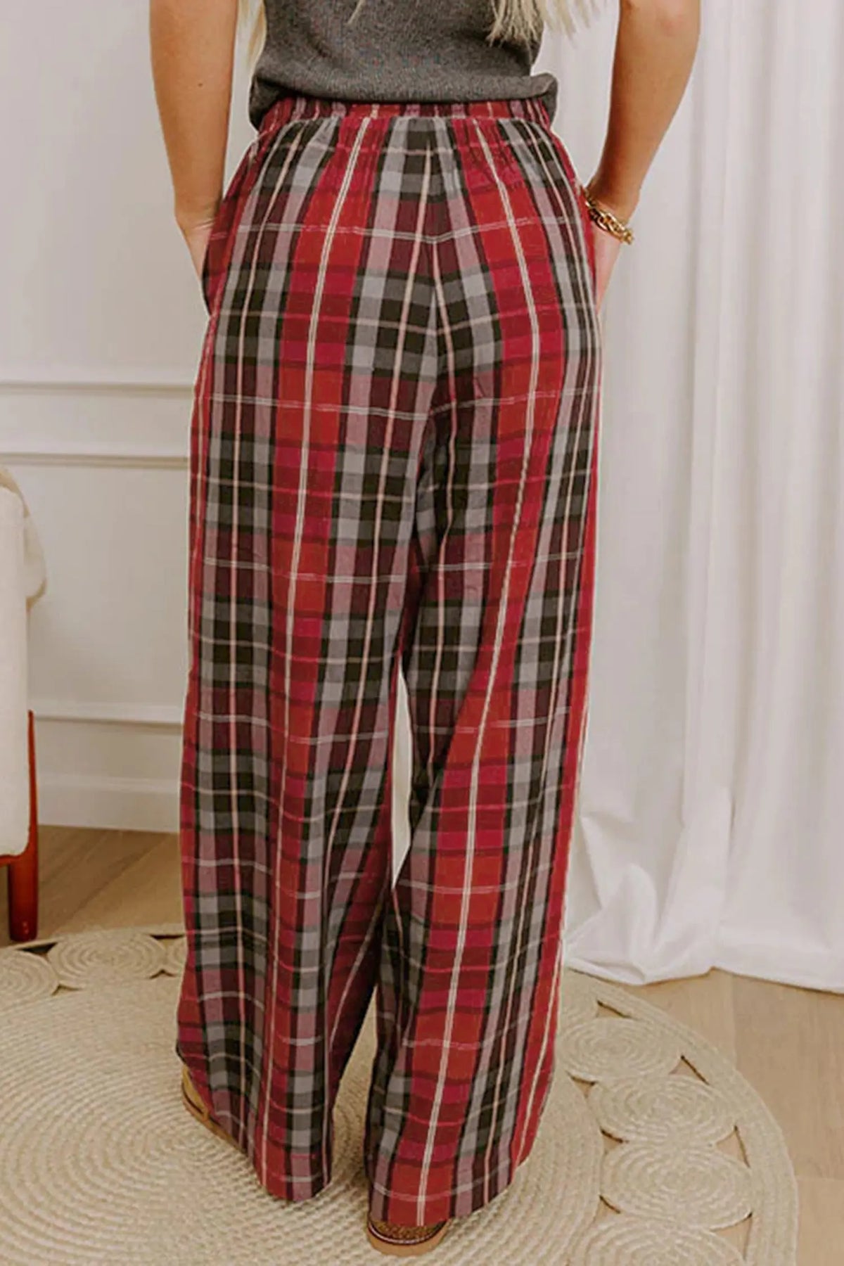 Red Plaid Elastic Waist Pocket Regular Full-Length Pants