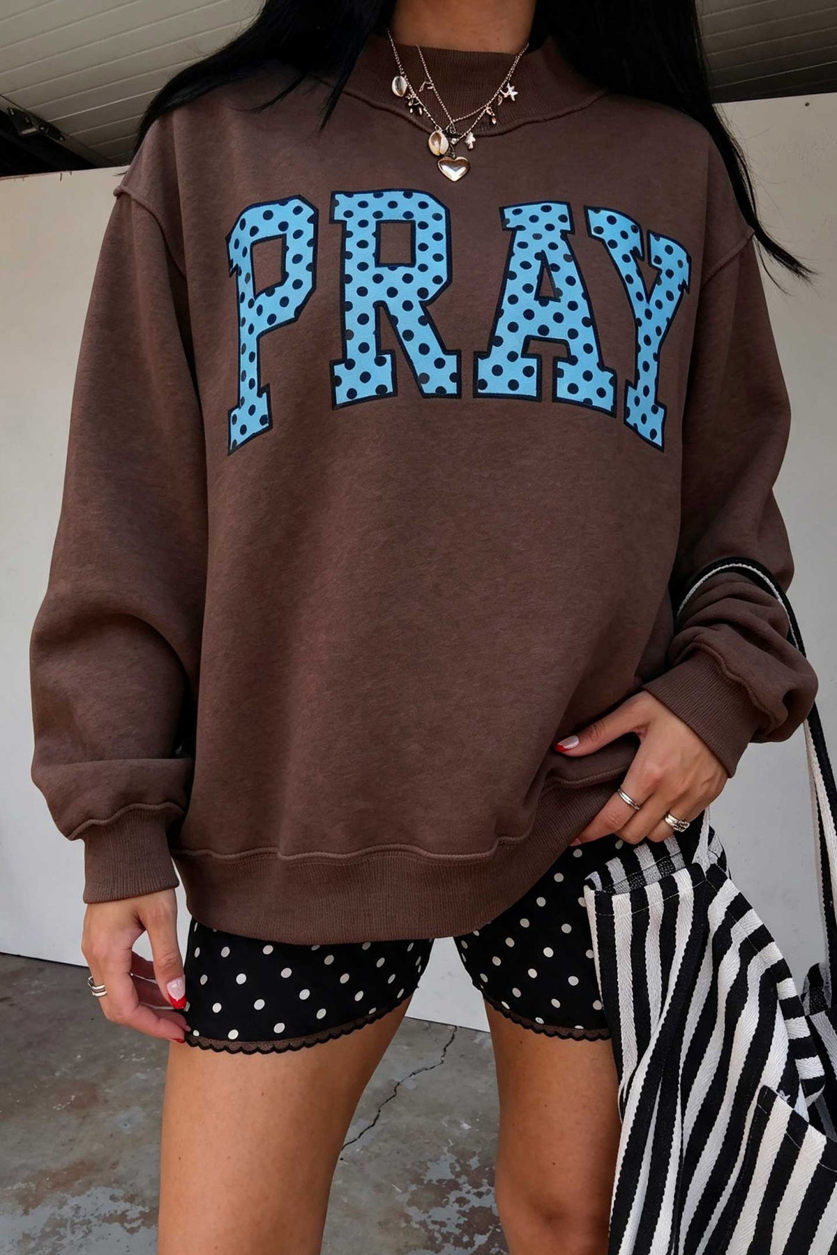 Orange PRAY Plaid Embroidered Mock Neck Sweatshirt