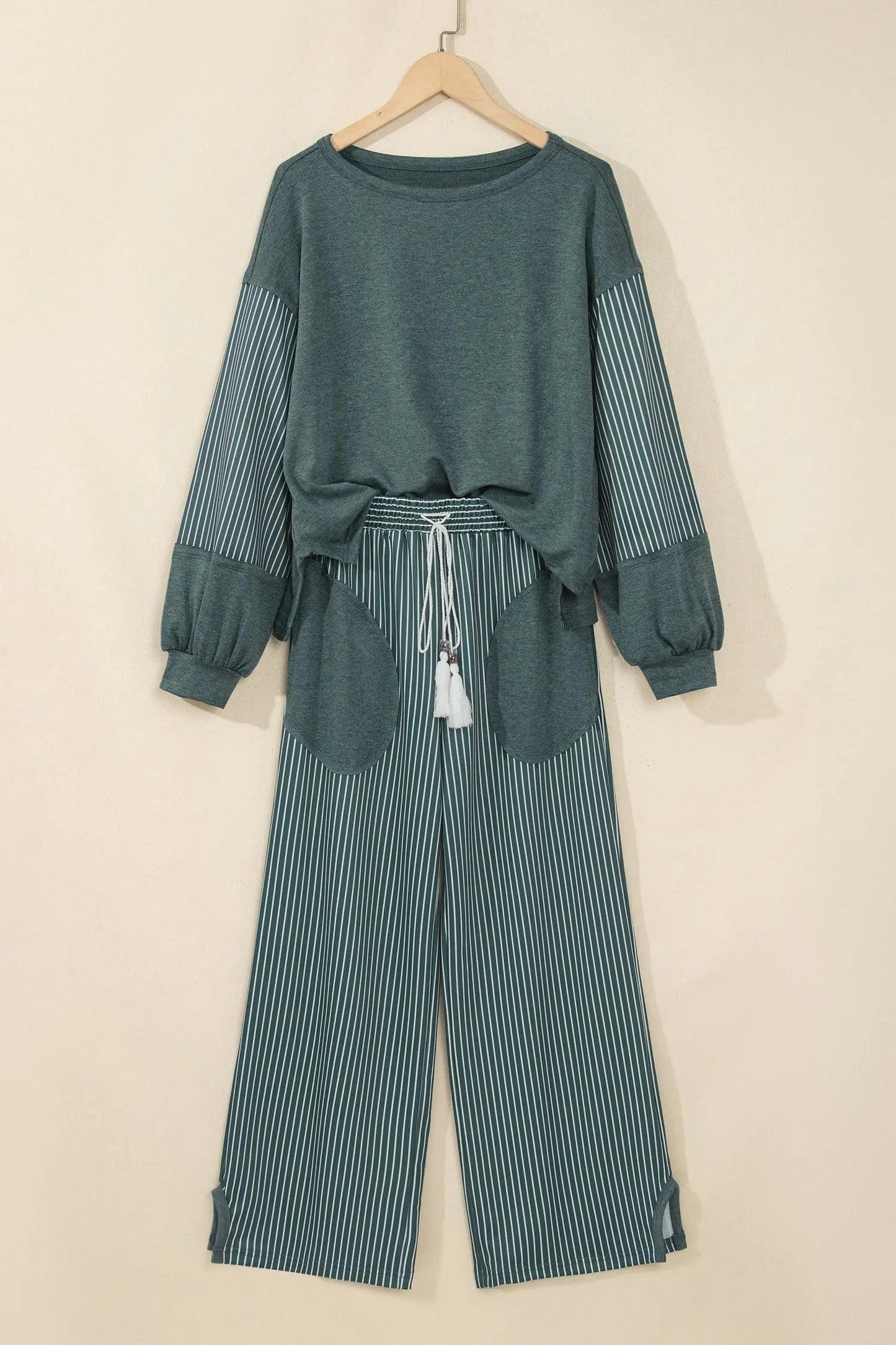 Green Bay Raw Seam Patchwork Long Sleeve Top Pocket Casual Pants 2pcs Set