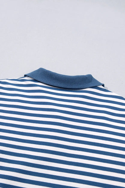 Blue Stripe Color Block Trim Raw Seam Split Hem Loose Pullover Sweatshirt