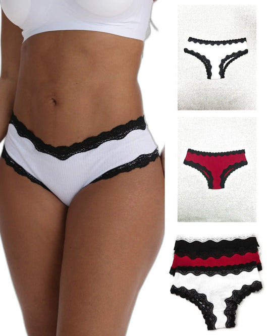 Nataliz pack of 3 cotton cheeky with contrast lace trim, on model with all three colorways shown