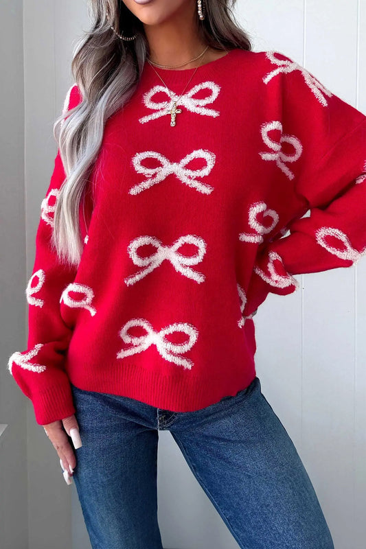 Fiery Red All Over Bow Dropped Shoulder Round Neck Shift Sweater model front view · nz-alt-v1