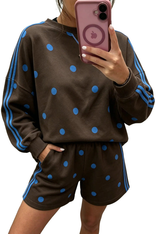 Brown Polka Dot Print Varsity Striped Long Sleeve Top Short Set model front view · nz-alt-v1