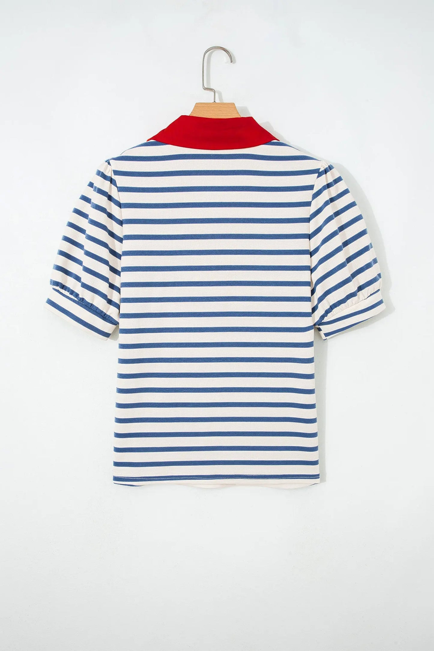 Blue Stripe Short Puff Sleeve Color Block Polo Collar Blouse Nataliz