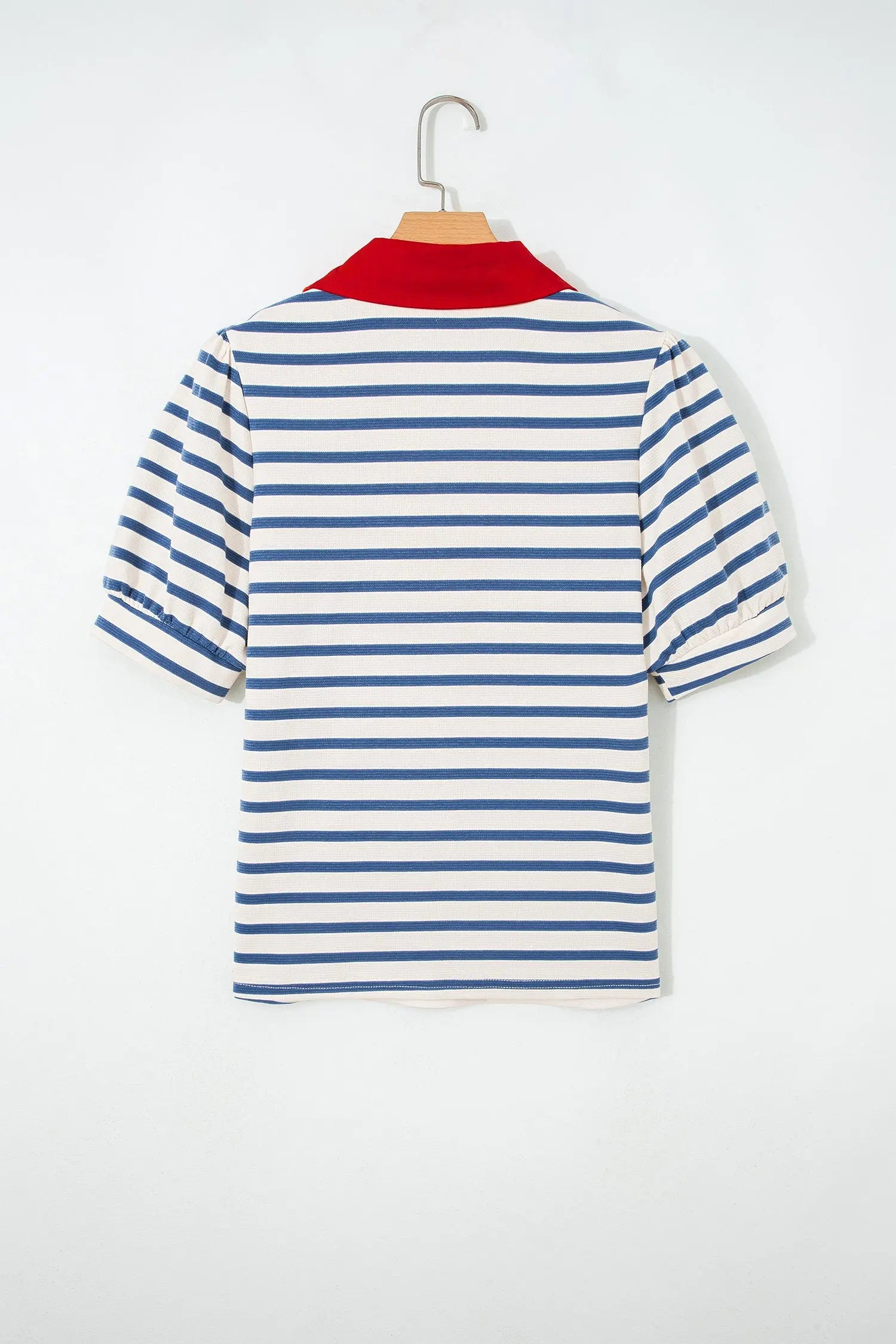 Blue Stripe Short Puff Sleeve Color Block Polo Collar Blouse Nataliz